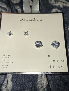 a new day Silver-Plated Clear Cubic Zirconia Stud Earring Set
